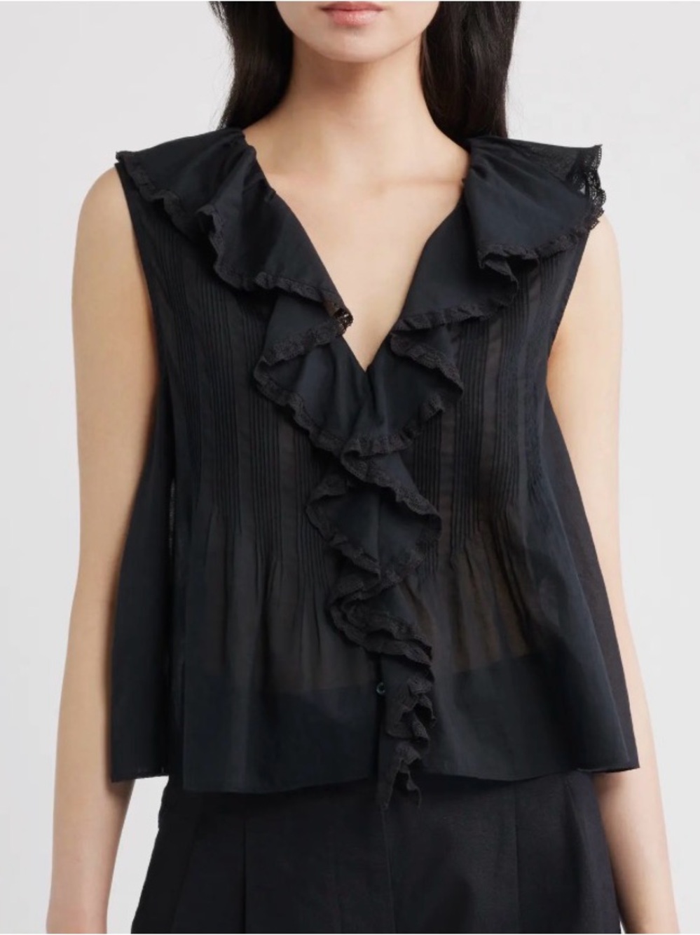 Doen Hilda Pintuck Sleeveless Organic Cotton Top Ruffle Babydoll Medium M Blouse